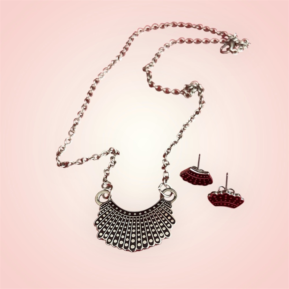 Ruth Bader Ginsburg collar necklace and earrings set. Silver with black detail